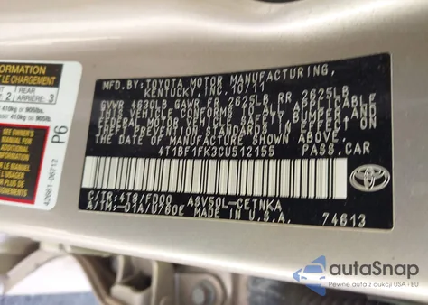 2012 Toyota Camry Le from USA, damaged, VIN 4T1BF1FK3CU512155